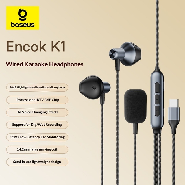 Baseus K1 Karaoke Used Headphones Built-in Ear-Monitoring Wired Microphone Music Computer Live Streaming Singing Recording