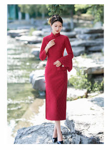 Capa tipo chal <span class=keywords><strong>de</strong></span> dos piezas para mujer, <span class=keywords><strong>Qipao</strong></span> largo <span class=keywords><strong>de</strong></span> hilo <span class=keywords><strong>de</strong></span> poliéster compuesto, para otoño e invierno, Cheongsam para damas, vestido <span class=keywords><strong>de</strong></span> <span class=keywords><strong>novia</strong></span> para brindis, color rojo - Product Image 5