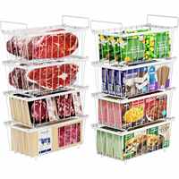 Lot de 4 bacs de rangement empilables pour congélateur, paniers de rangement en métal pour congélateur, organisateur de nourriture pour viande avec poignées