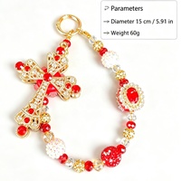 Dragonne de téléphone faite à la main en perles de cristal rouge, avec pendentif croix en strass, lanière de poignet, porte-clés et breloque de sac pour filles