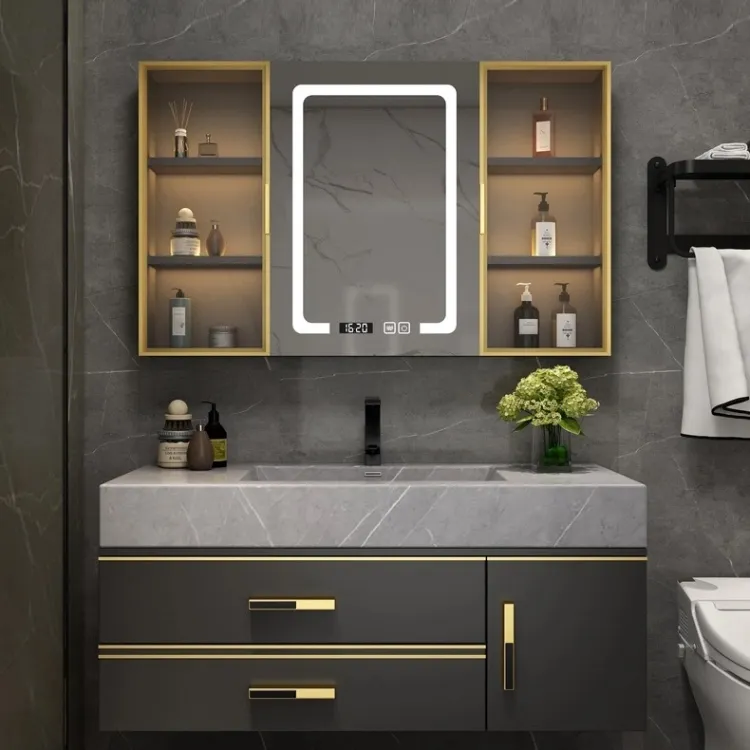 Gabinete de tocador de encimera de piedra sinterizada construida de calidad, gabinete de baño colgado en la pared, tocador de baño con lavabo, espejo LED