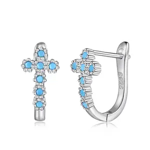 Dylam 925 Sterling Silver Cz Earring Turquoise Cross Ear Fine Jewelry U-Shaped Stud Hoop Earrings Jewelry Women Wedding Gift