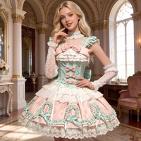 Tenue de cosplay Sweet Lolita pour femmes, robe JSK à plusieurs niveaux de couleur pastel avec accessoires en dentelle et nœuds