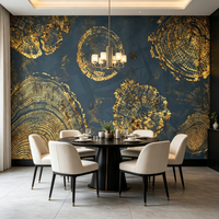 Papier peint mural de luxe effet anneau d'arbre doré, motif bois métallisé, marbre bleu marine foncé, auto-adhésif