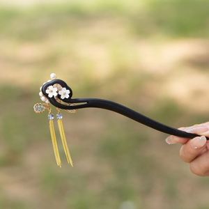 Horquilla de madera de ébano con perlas, palillos para el cabello, horquilla china Dama Dan para maquillaje facial, horquilla vintage, palillo para el cabello con movimiento, horquilla tipo palillo. - Product Image 5