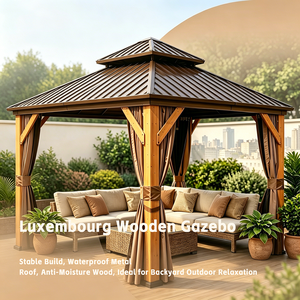 Structure de gazebo en bois de cèdre résistant aux intempéries avec poutres robustes, auvent extérieur avec toit en acier et rideaux - Product Image 5