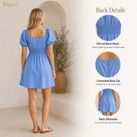 Robes Yegao pour femmes, robe élégante en coton, style princesse, col carré, manches bouffantes, mini robe, vente en gros, sur mesure