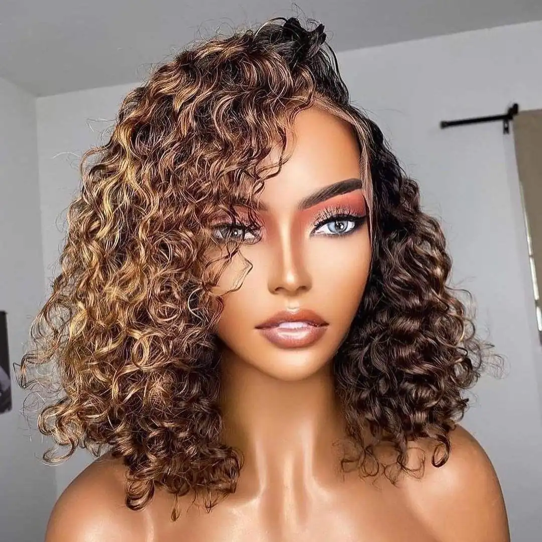 Factory Price Water Curly Deep Wave Human Hair Lace Wigs Ombre Color Short Bob Highlight Frontal Wigs With Baby Hair For Women