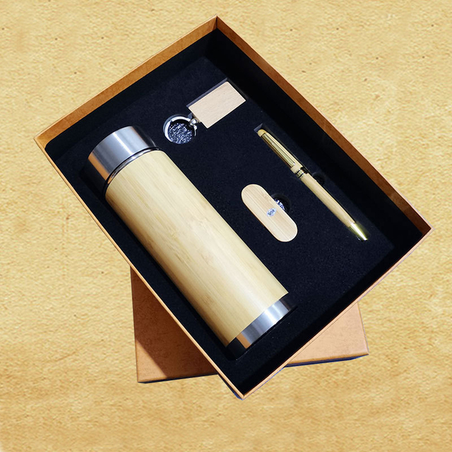 Personalized Wooden Gift Pen Set Custom Keychain Usb Flash Drives Pen Thermos Cup Merchandising Business Gift