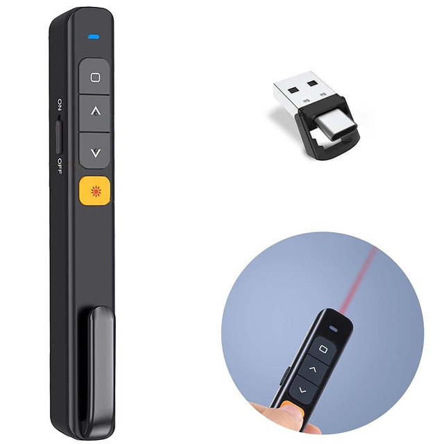 2.4G Clip Type Wireless Presenter Red Laser Pointer 50m Range Page Up/Down Function PPT PowerPoint Flip Pen Type C Receiver for