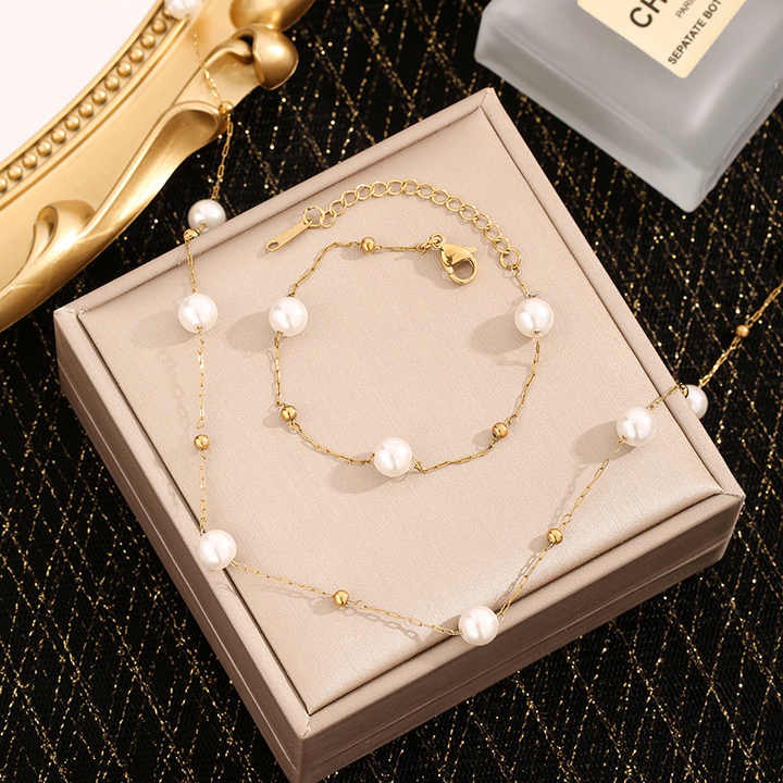 Jewelry Set Women Stainless Steel 18k Gold Pearl Shell Zircon Clover