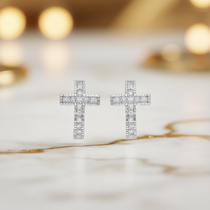 Orecchini E3913 in Oro Bianco con Croce e Diamanti, Taglio Brillante Rotondo, Diamanti Naturali, Gioielli Unisex per Cerimonie Religiose - Product Image 2