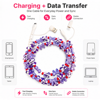 Câble de charge FASHLINK Coquette Bow Beaded 4 en 1 USB Type C Multi-connecteur, accessoire violet à motif damier