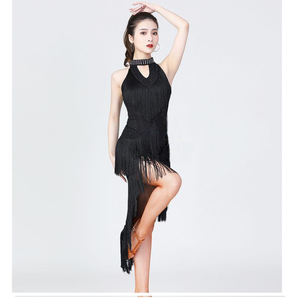Éblouissantes femmes danse <span class=keywords><strong>Salsa</strong></span> Samba vêtements col haut Spandex franges robes latines sans manches irrégulière longue robe avec collier - Product Image 5