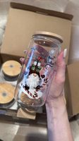 Lot de 4 tasses cylindriques de Noël en verre de 450 ml avec couvercle en bambou et paille en verre, motif bonhomme de neige, pour café, jus, eau, idéal pour les cadeaux de fête