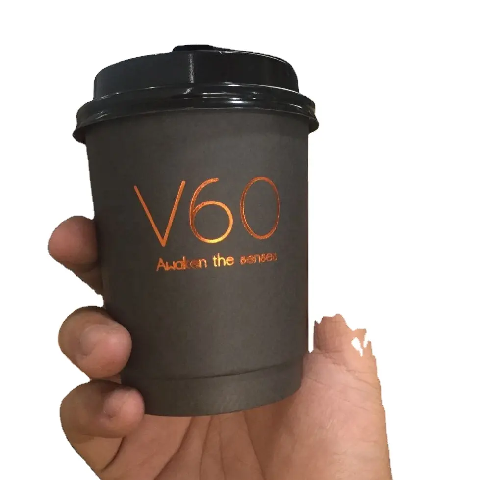 Wegwerp Alle Zwarte Binnen Mouw Composteerbaar Branded Custom Logo Stempelen Double Wall Koffie Paper Cups Met Deksels