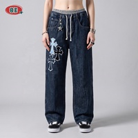 Jean baggy à jambes larges pour homme, broderie croix gothique, bleu indigo, taille à cordon, personnalisé, vintage, délavé, style Dark Academia Y2K, OEM