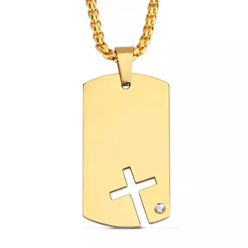 High Polished Stainless Steel Cross Jewelry Dog Tags Pendant With Rhinestone Women Men Cross Necklace