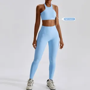 High Quality Ribbed Women's 2 Pieces Sports wear Gym Fitness Sets Sexy Y Back V Cut Cross Leggings Gym Yoga Set
