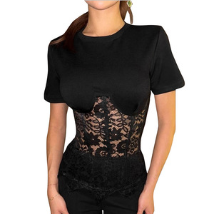 Pakaian Wanita Musim Semi/Panas Gaya Eropa Amerika, Kaos Seksi Berbahan Lace Transparan dengan Model Bahu Lurus - Product Image 5