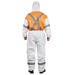 Combinaison de protection de type 5/6 avec coutures thermocollées, capuche et bande réfléchissante grise, combinaison microporeuse blanche et orange - Product Image 2