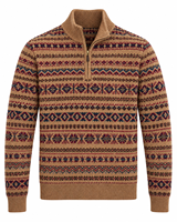 Pull en tricot Fair Isle personnalisé pour homme, col montant demi-zip, motif géométrique, camel, rétro, hiver, service ODM