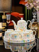 Service à café et à thé en céramique florale européenne, peint à la main, bord doré, théière en porcelaine, tasses, plateau de service, thé de l'après-midi