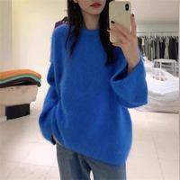 Gebürsteter Polyester-Viskose-Mohair-Strickpullover, Täglicher Flauschiger Locker Sitzender Nerzfell-Pullover mit Rundhalsausschnitt, Übergroßer Damen-Strickpullover