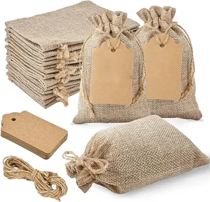 Bolsa de juta com cordão para presente de Natal, sacola de cotonete de algodão marrom com estampa personalizada de café Hessian