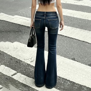 Jean Y2K Streetwear Vintage Taille Basse en Denim, Coupe Droite, Ourlet Fendu, Jambe Évasée, Lavable, Respirant, Effet Usé - Product Image 5