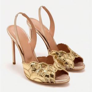 Mules à talons aiguilles dorées à paillettes et strass pour femme, modèle 2026, à bout ouvert, à enfiler, 8 cm, sexy, pour le printemps - Product Image 1