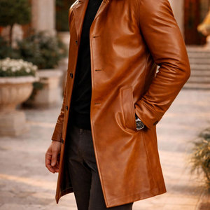 Wholesale <b>Men's</b> Genuine Leather <b>Coat</b> Breathable Satin Long <b>Trench</b> <b>Coat</b> Standard Size Single Overcoat Regular Fit Long Sleeve - Product Image 4
