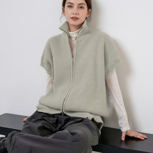 Gilet sans manches 100 % cachemire pour femme, col montant, fermeture éclair, confortable, style minimaliste uni, pour l'automne et toutes les saisons - Product Image 4