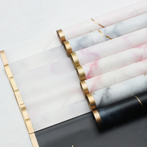 Papier d'emballage pour fleurs en plastique imperméable à motif marbré avec bordure dorée, film plastique OPP, boutique de fleurs - Product Image 1