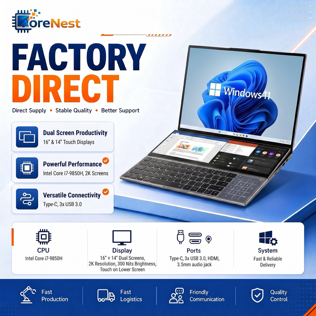 CoreNest Professional Dual Screen Laptop Intel Core I7 9750H Office Laptop 8GB 16GB 32GB RAM Touch Screen Business Workstation