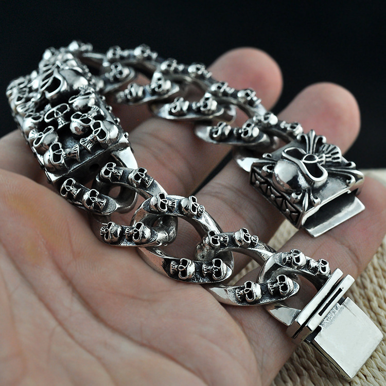 925 Sterling Silver Skull Bracelet for Men - Punk Style