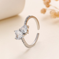 Bague ouverte réglable en laiton et zircon, double cœur, empilable, pour femme