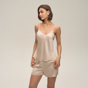 SUHE Women Satin 2-Piece Pajama Set Beige Lace <b>Trim</b> Camisole Shorts Summer Sleepwear for Home Hotel <b>Bath</b> Thin Polyester DT3926 - Product Image 3