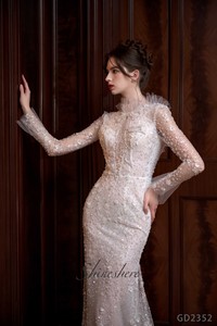 Nuevos Vestidos de Novia de Cuello Alto, Hermosos Vestidos de Novia Modernos Estilo Sirena con Flores Hechas a Mano, Vestido de Novia <span class=keywords><strong>Civil</strong></span> Modesto Color Marfil con Perlas para Recepción - Product Image 2