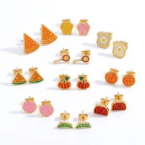 Pendientes <span class=keywords><strong>de</strong></span> Acero Inoxidable 316L con Esmalte Dorado, Diseño <span class=keywords><strong>de</strong></span> Comida: Pizza, Cupcake, Huevo, Varita Mágica, Calabaza. Joyería Linda para Mujer, Venta al por Mayor, OEM Personalizado. - Product Image 1