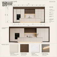 Meubles de cuisine contemporains bicolores laqué crème cachemire et noyer fumé, îlot flottant avec éclairage LED, menuiseries de cuisine sur mesure