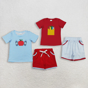 Conjuntos de Ropa para Niños al por Mayor, Camisetas con Bordado de Lápices de Apple y Bolsillos, Pantalones Cortos, Conjuntos de Ropa para el Regreso a Clases - Product Image 1