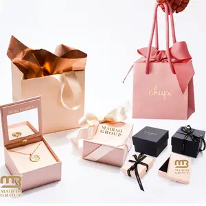 Joyero de papel con logotipo personalizado de lujo, embalaje para anillo, pendiente, collar, pulsera, joyería, caja de regalo, cajón, cartón estampado rosa