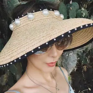2021时尚女式草帽女式可调节女式遮阳帽夏季沙滩女士别致珍珠拉菲亚大帽
