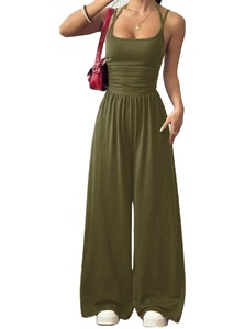 Mono de punto elástico de cintura alta con cuello halter y pierna ancha para mujer, color liso, ajustado, informal, para fiesta o club, ideal para salir. - Product Image 1