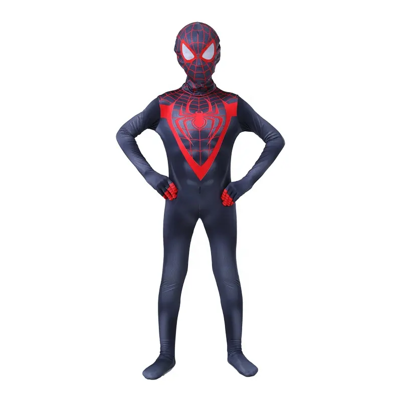 Yeni tasarım cadılar bayramı karnaval örümcek adam hiçbir yollu ev Cosplay siyah Zentai tulum örümcek adam kostüm çocuklar için yüz maskesi ile