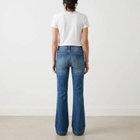 Jean en denim bleu extensible taille haute évasé pour femme, style 5 poches, confortable, bottes western ajustées à la cheville, élégantes