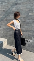 Jeans amples taille haute élastiques pour femme, couleur unie, coupe droite, avec revers volantés, pour l'été – Vente en gros