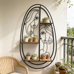 Étagère murale ovale en fer avec motif abstrait de visage, support mural à 3 niveaux pour pots de fleurs, pour salon et entrée - Product Image 1