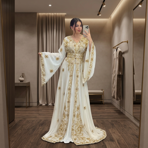 Elegant White Spandex Embroidered Breathable <b>Abaya</b> <b>Dress</b> V Neck Floor Length Floral Pattern Long Sleeve Women Middle East - Product Image 3